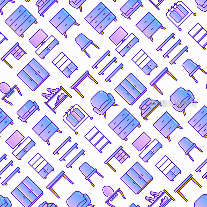 Furniture seamless pattern with thin line icons: dressing table, sofa, armchair, wardrobe, chair, table, bookcase, bad, clothes rack, desk, wall shelves. Elements of interior. Vector illustration.